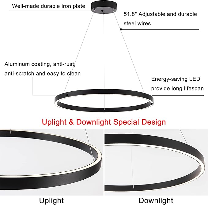 Modern Led Chandelier, 1 Ring Contemporary Led Chandelier Circular Pendant Light, Black Dimmable Hanging Ceiling Light Fixture for Living Room Dining Room Bedroom Kitchen