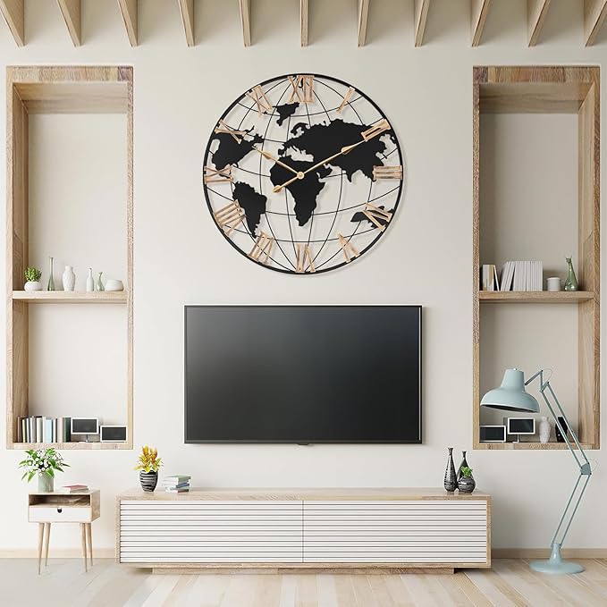 36 Inch Extra Giant Oversized Black Metal Wall Clock,Large Modern Decorative Silent World Map Wall Clock with Vintage Gold Roman Numeral for Living Room,Entrance Fireplace,Dining Room Decor