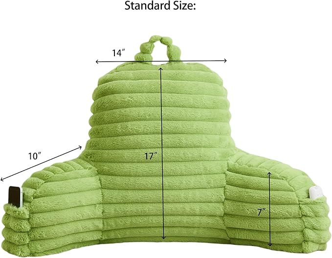 Faux Fur Fluffy Light Green Reading Pillow with Pockets, Luxury Striped Plush Decorative, Arm Rests and Back Surport for Bed Rest, Lounging on Sofa, Standard