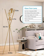 Lightdot Dimmable Tripod Floor Lamp Gold Art Deco Floor Lamp with Brown Globe Glass Lampshade 3Pcs Bulbs Included Tripod Standing Lamp for Living Room/Bedroom