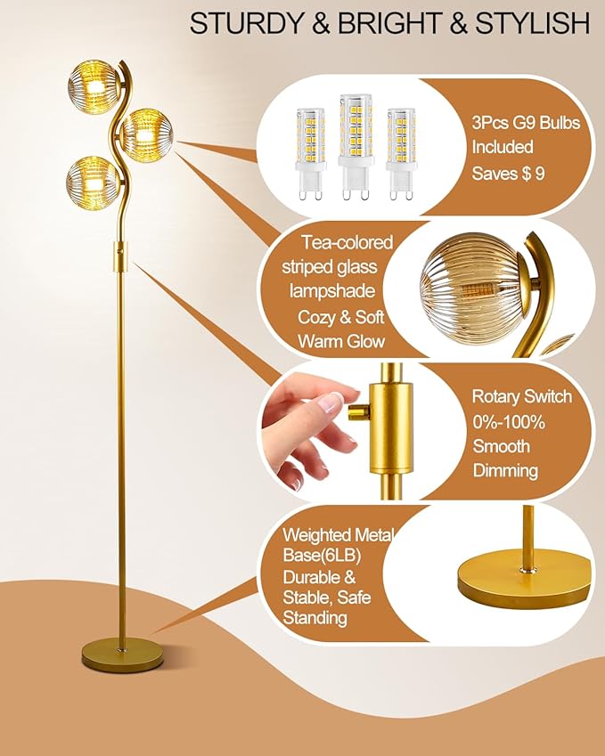 Lightdot 60IN Dimmable Gold Floor Lamp with 3 Glass Globe Mid Century Standing Lamps with 3Pcs 3000K Soft Warm White G9 Bulbs Stepless Brightness Adjustable Modern Tall Lamp for Bedroom Office