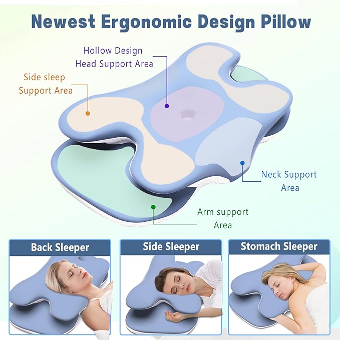 Cervical Pillow for Neck and Shoulder Pain Relief, Ergonomic Neck Pillow for Sleeping, Contour Memory Foam Cervical Pillow, Neck Pillow for Side Back Stomach Sleepers with Ice Silk Fabric (Blue)