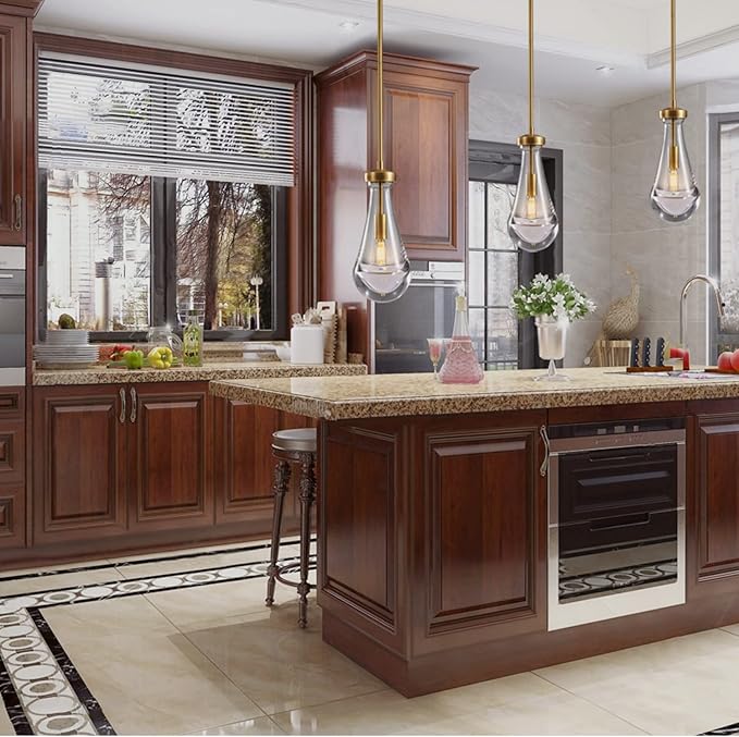 Modern Pendant Lighting for Kitchen Island, Handblown Teardrop Glass Kitchen Light Fixtures Luxury Brass Pendant Lights Hanging Lamps for Bedroom Dining Table, Hallway