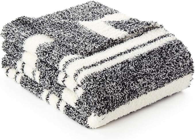 Snuggle Sac Queen Size Bed Blanket Stripe Black, Super Soft Warm Bedding Blankets Cozy Knit Fuzzy Plush Blankets for Bed, Living Room, Stripe Black, Queen 90"x90"