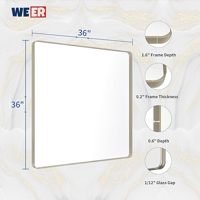 WEER 36X36 Inch Brushed Nickel Bathroom Mirror, Brushed Silver Metal Frame Mirror, Rounded Rectangle Silver Bathroom Vanity Mirror, Tempered Glass, Anti-Rust, Hangs Horizontally or Vertically