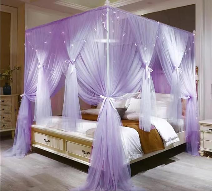 VETHIN 4 Corners Post Princess Bed Canopy Curtain Double Layer Cozy Drape Netting 4 Opening Mosquito Net for Girls & Adults Bedroom Decoration Accessories (Double Purple,53" W*78" L*82"*H/(Full))