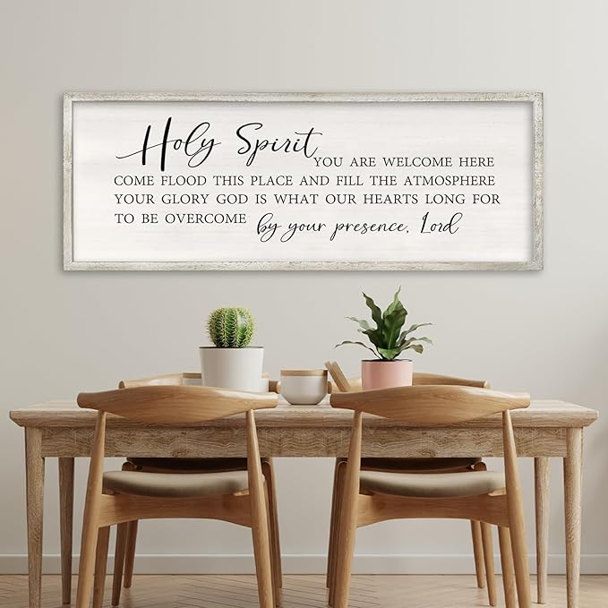 Holy Spirit You are Welcome Here Wall Decor Art 40x15 Inch Large Christian Song Bible Verse Plaque Wood Framed Sign Living Room Scripture Quote Religious For Office Wall Hanging (White)
