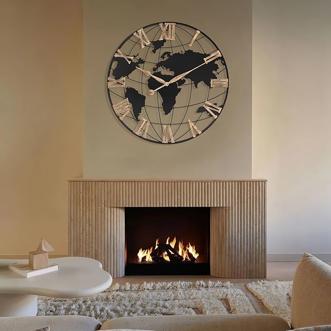 30 Inch Extra Giant Large Wall Clock Oversized,Black Big Metal Modern Decorative Silent World Map Wall Clock with Vintage Gold Roman Numeral for Office,Living Room,Kitchen,Dining Room Decor