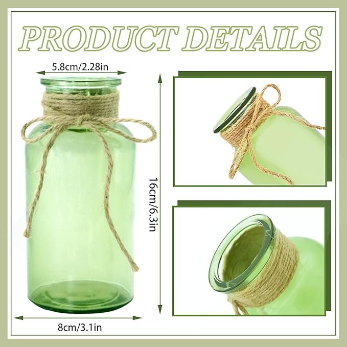 Vintage Glass Flower Vase，6 Pack Green Farmhouse Glass Centerpiece Vases Mason Jars for Weddings, Parties & Home Decor Bulk (6,Green)