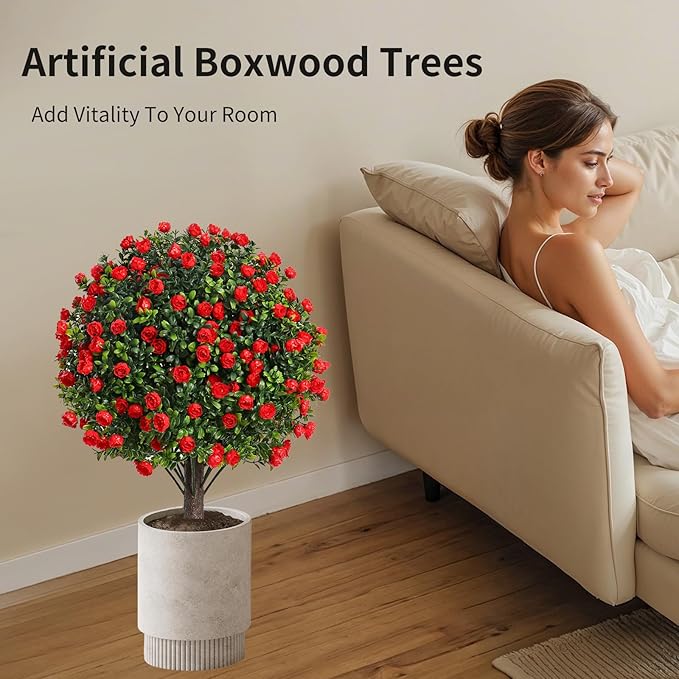 Artificial Rose Topiary Trees, 17 Inch UV-Resistant Red Flowers, Set of 2 with Ground Stakes, Indoor Outdoor Decorative Plants