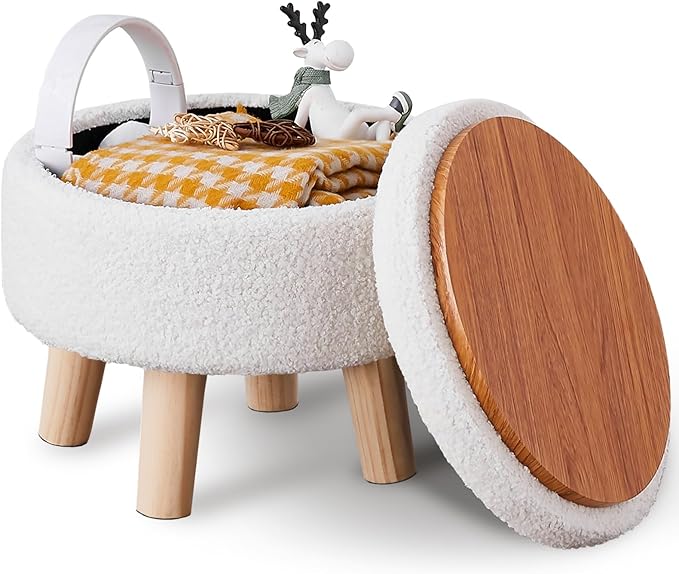 Wimarsbon Storage Ottoman, Modern Round Footrest with Soft Padded Seat, Teddy Velvet Footstool with Wood Legs, Accent Small Table or Plant Stand for Hallway, Living Room (Cream)