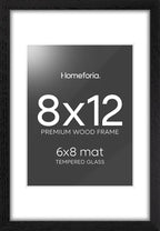 Homeforia 8x12 Black Picture Frame, High End Oak 8 x 12 Wood Frames with Mat 6 by 8 Print, 8by12 Wooden Frame Matted to 6x8 inch Photo, 12x8 Wall or Tabletop Frames, Tempered Glass, Wall Kit, Set of 1