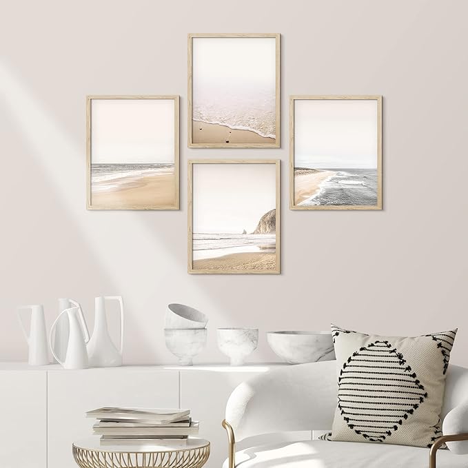 SIGNWIN Framed White Minimalist Ocean Beach Seashore Scenic Wall Art, Set of 4 Landscape Colorful Wall Decor Prints, Nature Wilderness Wall Décor for Living Room, Bedroom - 11"x14" Natural