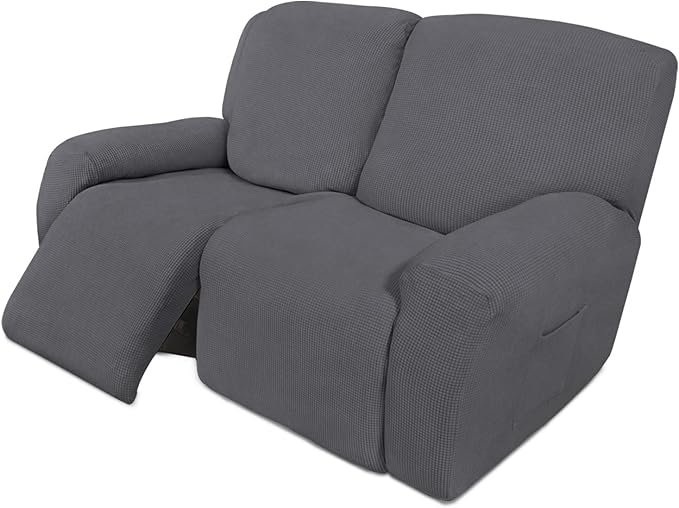 Easy-Going 6 Pieces Recliner Loveseat Stretch Sofa Slipcover Sofa Cover Furniture Protector Couch Soft with Elastic Bottom Kids, Spandex Jacquard Fabric Small Checks Gray