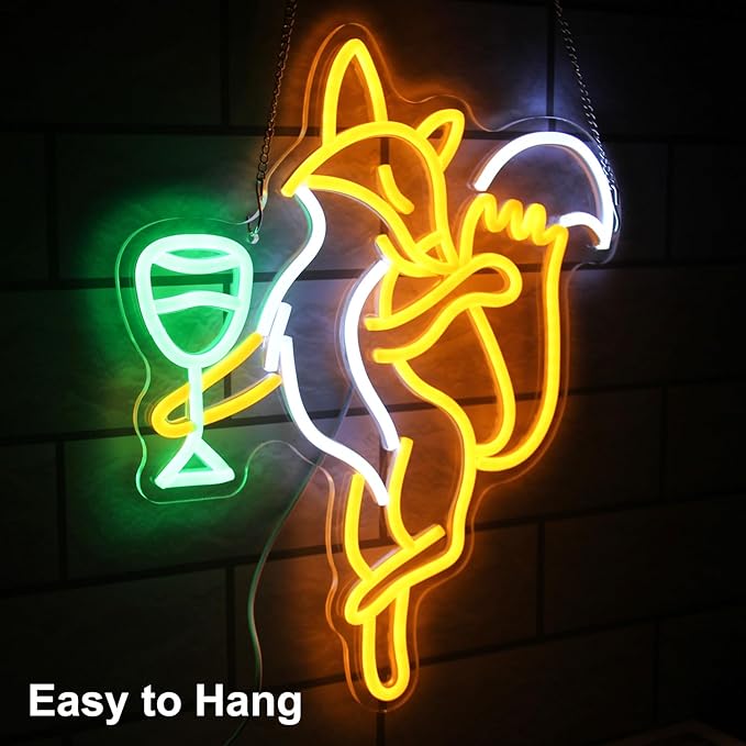 Fox Beer Neon Signs for Wall Decor Cool Animal Neon Sign Orange White Fox Neon Light Dimmable Drink Wine LED Sign Bar Neon Light Up Sign for Bedroom Kitchen Man Cave Bar Decor Birthday Gift