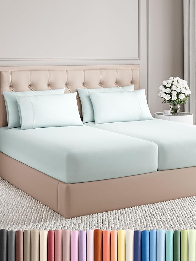 Split King Sheets Set 7 Piece - Includes 4 Pillowcases - Bed Sheets Split King - Soft Hotel Luxury Bedding - Cooling, Comfy & Breathable - 1 Flat & 2 Fitted & 4 Pillowcases w/ Deep Pockets - Ice Blue