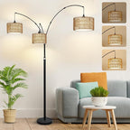 Airposta Black Arc Floor Lamps for Living Room, Farmhouse Boho Floor Lamp for Bedroom, Industrial Standing Lamp for Office, Dimmable Tall Lamp with Rattan Lampshades, Reading Arched Light
