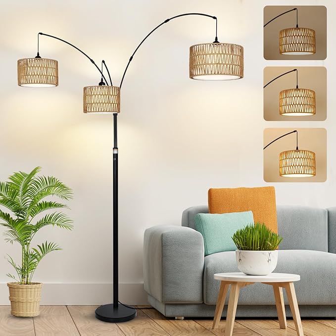 Airposta Black Arc Floor Lamps for Living Room, Farmhouse Boho Floor Lamp for Bedroom, Industrial Standing Lamp for Office, Dimmable Tall Lamp with Rattan Lampshades, Reading Arched Light