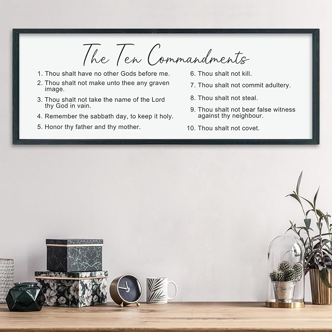 LuZhiQiang The Ten Bible Verse Wall Decor 40"×15" God Jesus Prayer for Christian Saying Catholic Scripture Sign Large Wood Framed Wall Hanging Art (Black)