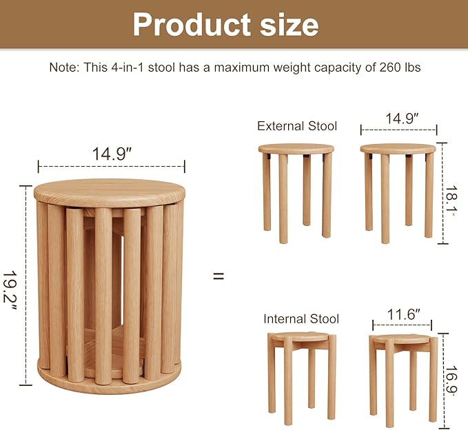 Stackable Stools Set of 4,4-in-1 Wood Stool,Round Wooden Stools with Anti-Slip Foot Pads for Kitchen,Bedroom,Living Room,Bar,No Assembly Required Durable and Space-Saving Design,18 inch (Natural)