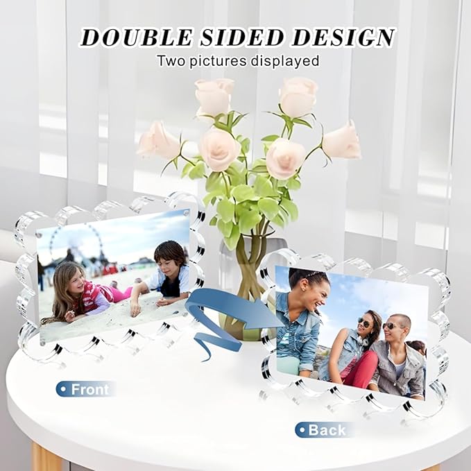 3 Pack 5x7 Inch Magnetic Acrylic Picture Frame,10+10mm Thick Block,Double Sided Clear scalloped frames for Desktop Display | Trendy Home Gift ((3 Pack), 5X7)