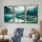 Tinonedraw Large Nature Forest Framed Canvas Wall Art Set, Boho Mountains Calming Lake Wall Decor, Green Pine Trees Artwork, Northern Wilderness Art Painting for Living Room Bedroom Office 16"x24"x3