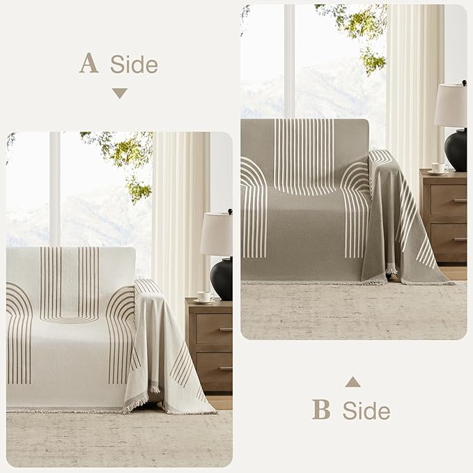 Boho Couch Cover Washable Sectional Couch Covers for Dogs Reversible Sofa Slipcover for 2 or 3 Cushion Couch Pet Friendly Furniture Protector (3# Khaki, 91" x 134")