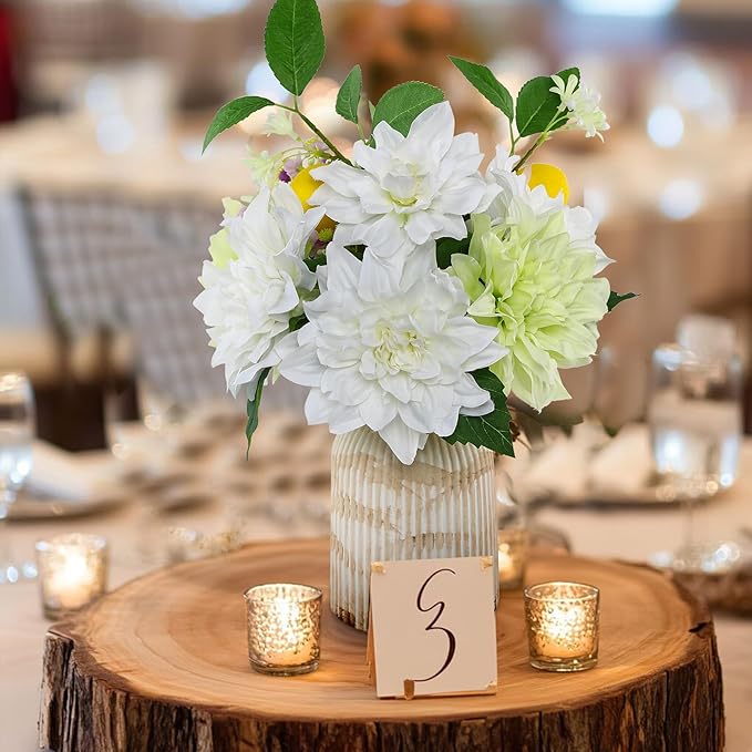 Fake Flower with Vase,White Silk Dahlia Artificial Flowers in Vintage Ceramics Vase for Home Bathroom Office Desk Party Centerpiece Coffee Table Decor