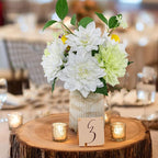 Fake Flower with Vase,White Silk Dahlia Artificial Flowers in Vintage Ceramics Vase for Home Bathroom Office Desk Party Centerpiece Coffee Table Decor