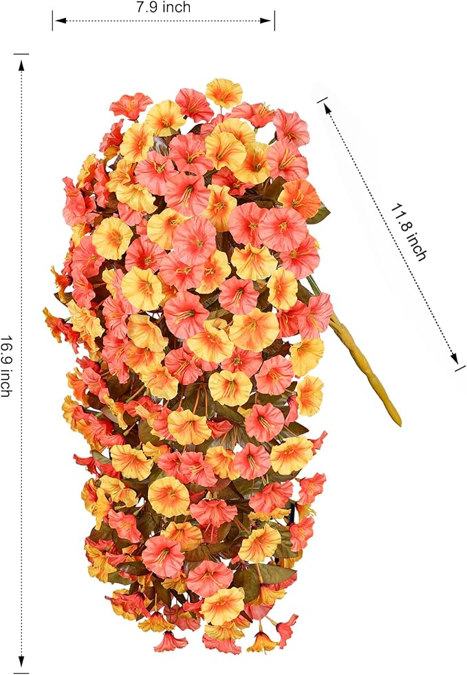 Artificial Fake Fall Hanging Flowers Plants for Outdoor Outside Decoration, 2 PCS Faux Silk Morning Glory Trailing Vines UV Resistant for Wall Home Porch Patio Party Decor (Fall Orange+Yellow)