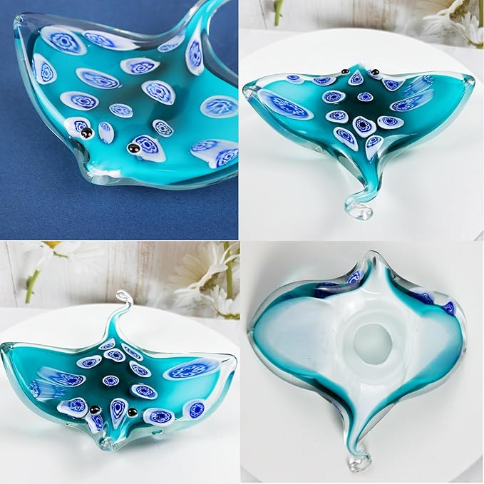 Crystal Devil Fish Figurine Hand Blown Glass Manta Ray Statue Collectibles Ocean Art Sea Animal Home Table Decor Gift Green 4.7''