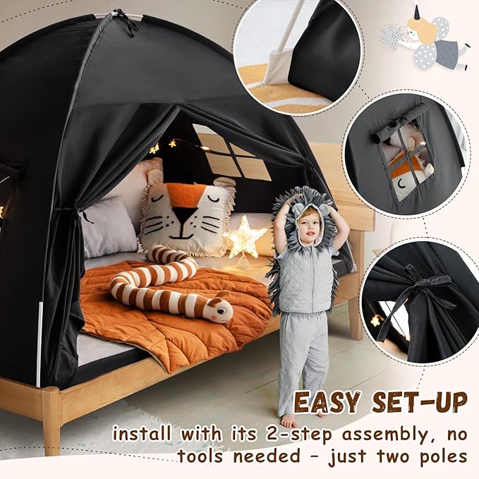 Sherilyn Full Size Bed Canopy Bed Tents Dream Tent on Bed Privacy Space Blackout Sleeping Tents Indoor Breathable Portable Cottage Drafty Room Floor (Large Black)