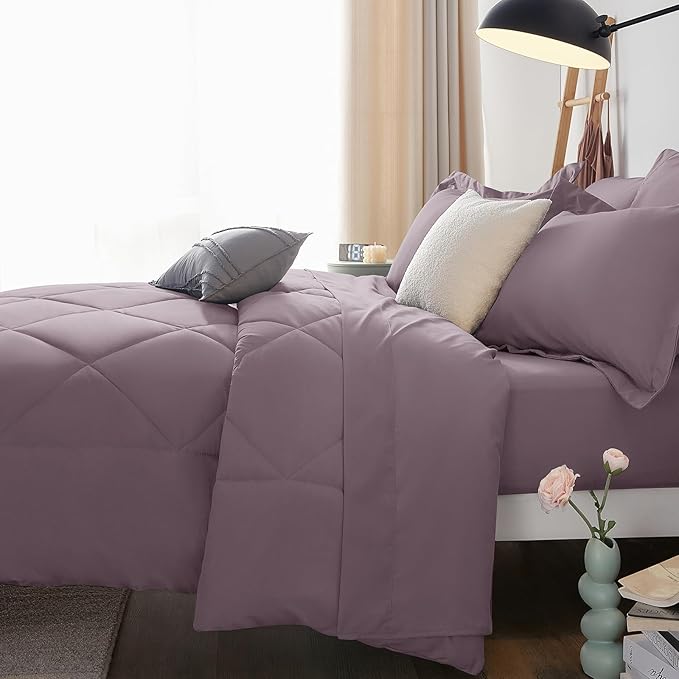 CozyLux Queen Comforter Set Dusty Purple - Bed in a Bag Queen Size 7 Pieces, Soft Bed Set for All Seasons, Bedding Set with Down Alternative Comforter, Sheets, Pillowcases & Shams, Grayish Purple