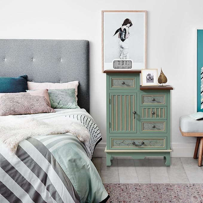 Vintage Accent Chest with 5-Drawers and Door Carved Wood Storage Cabinet Modern Dresser for Living Room, Entryway, Hallway, Sage Green