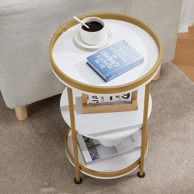 Dulcii Round Side Table with Storage Tray for Living Room, 15" L x 15" W x 24" H Bedroom Nightstand 3 Tiers Bedside Table with Steel Frame for Small Spaces (White & Gold)