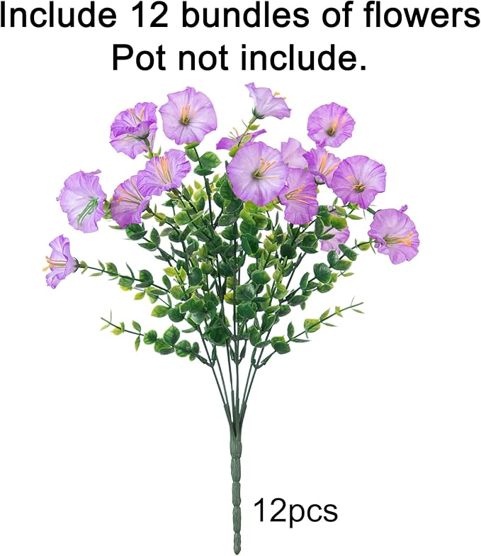 HyeFlora Artificial Flowers for Outdoors Fake Plants Outside Decoration, 12 Bundles Silk Purple Morning Glory UV Resistant Look Real Faux Flowers for Planter Front Door Porch Patio Yard Gardens Home