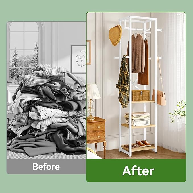 IBUYKE Coat Rack with Shelves, Freestanding Hall Tree with 3 Shelves and 8 Hooks, Industrial Clothes Stand for Entryway, Hallway, Bedroom, Natural UTMJ088R