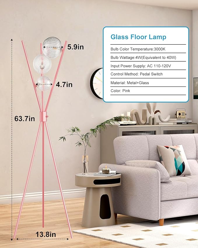 Lightdot Tripod Floor Lamp Dimmable Pink Standing Lamps with Globe Clear Glass Lampshade 3PCS 3000K G9 Bulbs Included Mid Century Modern Floor Lamp for Living Room/Bedroom
