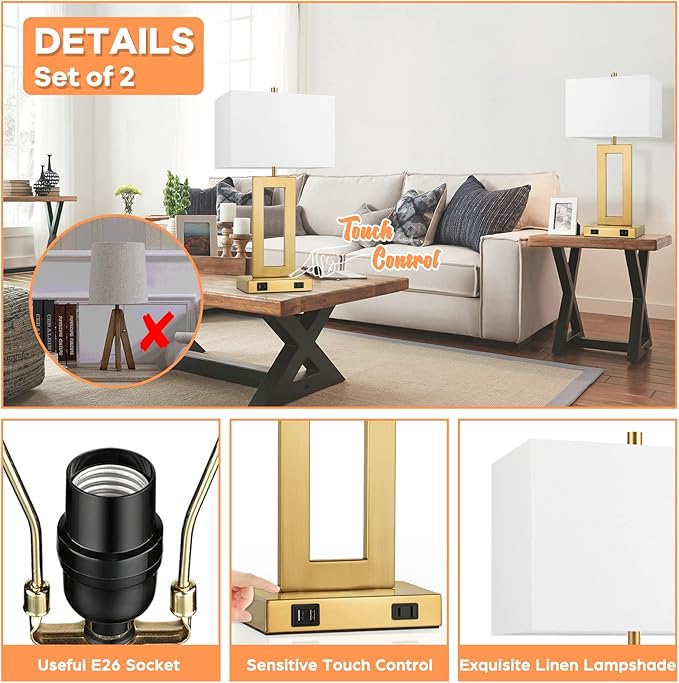 22’’ Table Lamps for Bedrooms Set of 2, Gold Bedside USB Desk Lamp with AC Outlet, Touch Control Modern Vintage Living Room Table Lamp for Nightstand End Table, 3-Way Dimming with 2 E26 Edison Bulbs