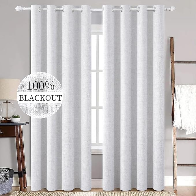 MIULEE Linen Texture Curtains for Bedroom Solid 100% Blackout Thermal Insulated Grayish White Curtains Grommet Room Darkening Curtains/Drapes for Living Room Nursery 52x72 Inch (2 Panels)