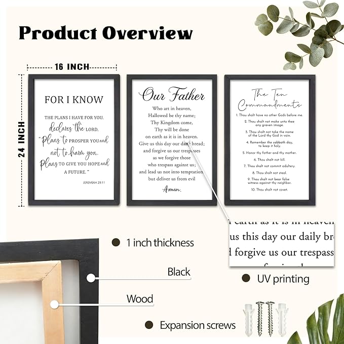 FZMHASLWW Bible Verse Scripture Wall Decor Art 24"×16" Inspirational Quotes Set of 3 Christian Sign Wood Framed Wall Hanging (Black