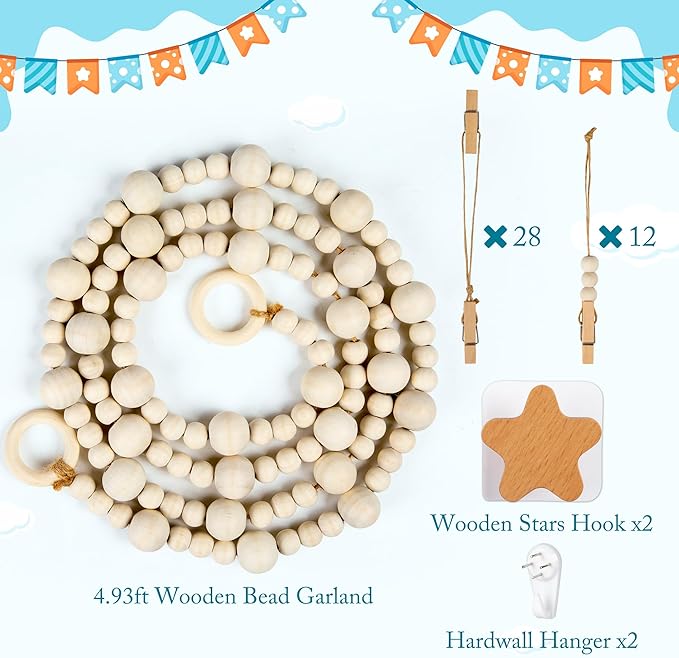 KOLLIEE Kids Artwork Display Art Wall Decor 4.93ft Boho Wooden Beaded Garland Collage Holder with Hanging Rings Wooden Stars Hook 40 Wood Clips for Kids Artwork Photo Room Bedroom Decor