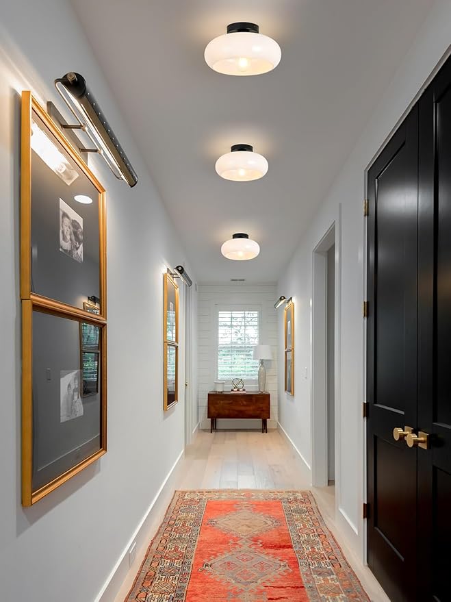 Mid-Century Modern Semi Flush Mount Ceiling Light, Metal Kitchen Light Fixture with Glass Shade,Vintage White and Black Colse to Ceiling Lamp for Entryway Hallway Bathroom (8.66 Inch)