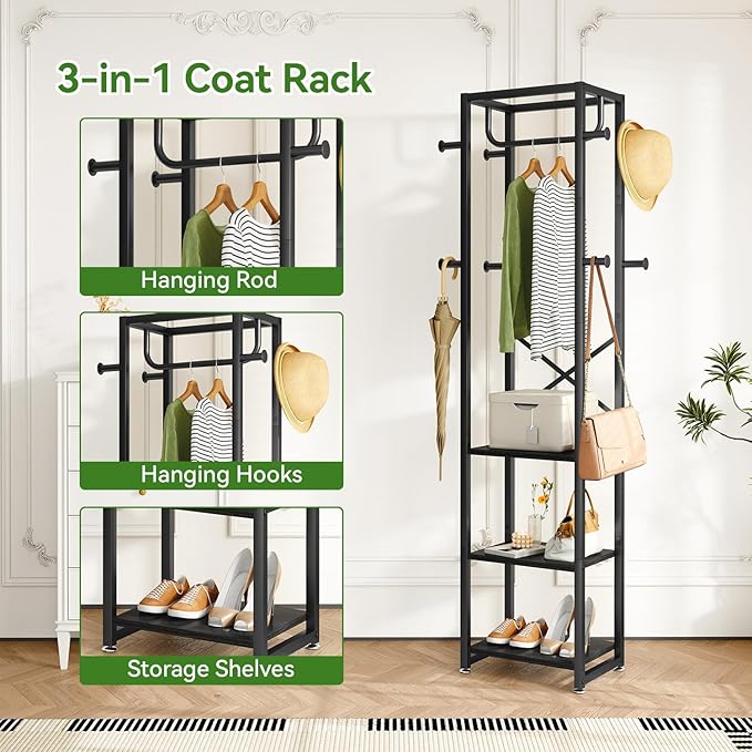 IBUYKE Coat Rack with Shelves, Freestanding Hall Tree with 3 Shelves and 8 Hooks, Industrial Clothes Stand for Entryway, Hallway, Bedroom, Black UTMJ088B