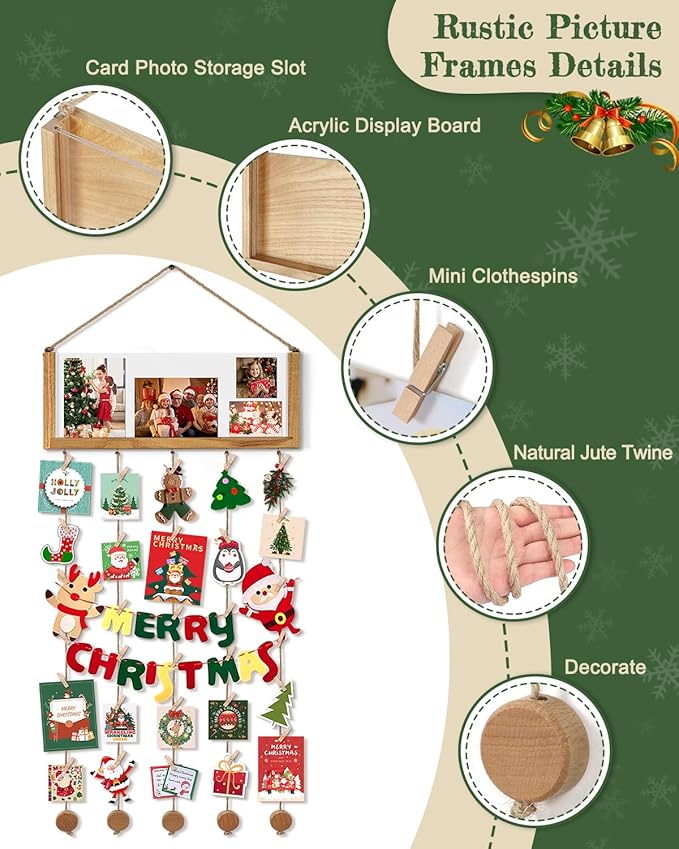 Bikoney Rustic Picture Frames Collage Wall Decor - Happy Birthday Banner Photo Hanging Display for Dorm Room Home with Gift Card Storage and 30 Clips