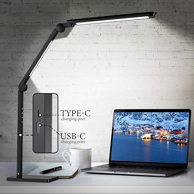 LED Desk Lamp for Home Office,Creative Touch Reading Light, with Memory Dual Light and Adjustable Swing Arm,15W 4 CCT Eye-Care Modes & 4 Brightness Levels Table Lamp with USB Charging Ports-Black