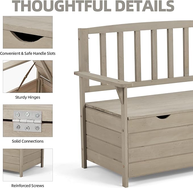 AVAWING Outdoor Storage Bench, Wooden Garden Bench Weatherproof, Patio Benches for Outside, 2-Seat Front Porch Bench, Park Bench for Deck, Lawn, Backyard (Light Gray)