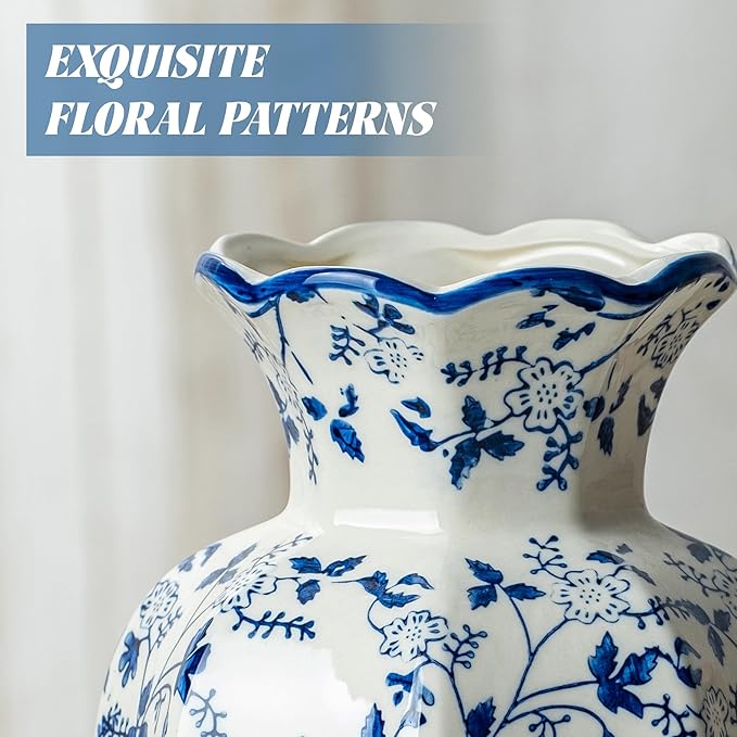 Blue and White Ceramic Vase, 9.5 Inch Vintage Chinoiserie Flower Vase Decorative Antique Vases for Home Decor, Rustic Porcelain Vase Farmhouse Shelf Table Centerpieces Decor