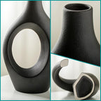 Levvohd XL Black Ceramic Vase Set of 2 for Modern Home Decor, Neutral Boho Round Donut Pampas Grass Vases, Nordic Aesthetic Vase, for Living Room Coffee Table Fire Place Book Style Shelf (H 11.1")