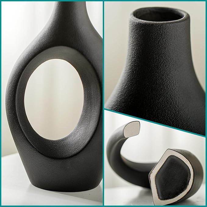 Levvohd XL Black Ceramic Vase Set of 2 for Modern Home Decor, Neutral Boho Round Donut Pampas Grass Vases, Nordic Aesthetic Vase, for Living Room Coffee Table Fire Place Book Style Shelf (H 11.1")